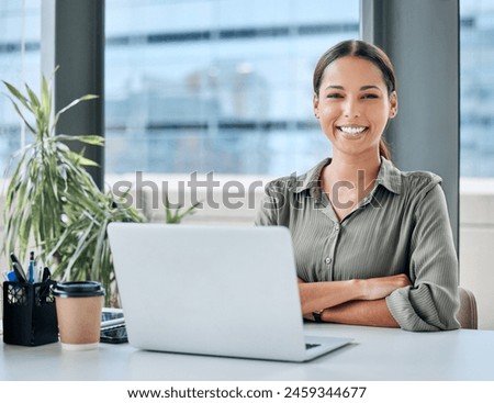 Pride, portrait and business woman with laptop at office desk, table and startup company with confidence. Creative career, copywriting and female editor with computer for connection, tech and smile
