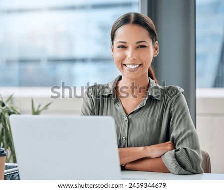 Pride, portrait and businesswoman with laptop at office desk, table and startup company with confidence. Creative career, copywriting and female editor with computer for connection, tech and smile