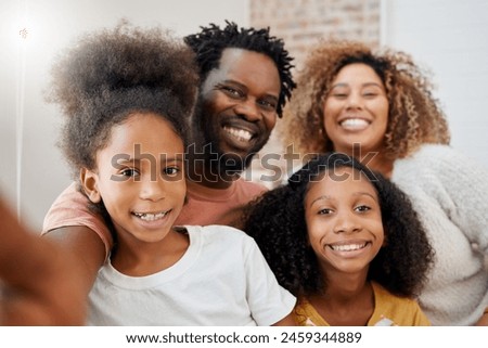 Family, portrait and smile together in living room for selfie, memories and bonding with love. Happy, parents and children in home with technology for social media pic, internet post on weekend break