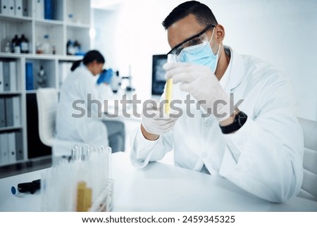 Lab, microscope and scientist man in science career, experiment and microbiologist with organism for research study. Virus, bacteria and biotechnology innovation, professional and people or test tube