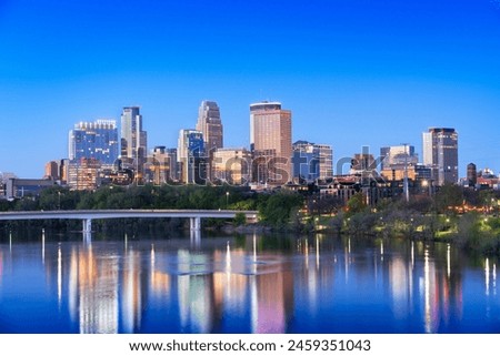 Minneapolis, Minnesota, USA on the Mississippi River at blue hour.