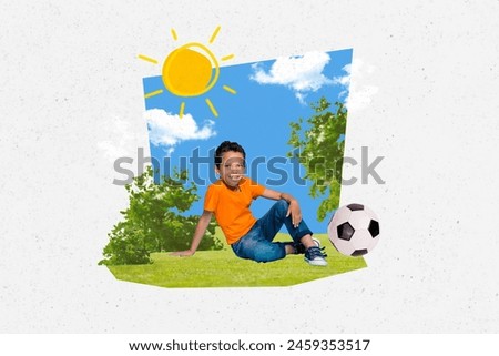 Creative picture collage small kid sit grass environment nature football player hobby childhood sunny weather clouds background