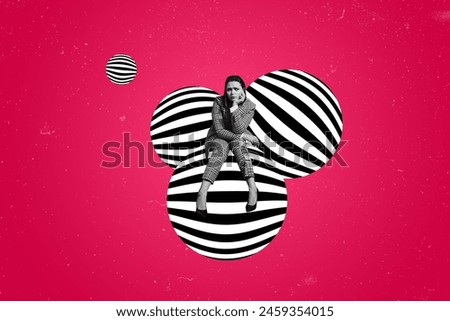 Creative collage of tired female worker sit striped spheres surrealism shopping magazine bizarre unusual fantasy billboard comics Royalty-Free Stock Photo #2459354015