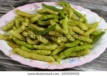 White Shahtoot Mulberry fruits, Long Morus nigra or alba edible fruit, Called also toot, superior mulberries, Morus is a genus of 10–16 species of trees, native to warm regions of Asia and Africa Royalty-Free Stock Photo #2459359935