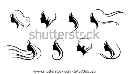 beauty woman face set in silhouette hairstyle for decorative, logo, beauty feminism concept vector illustration