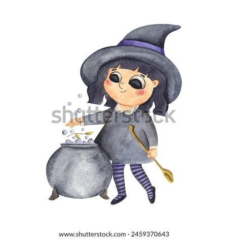 Hand-drawn watercolor little funny brunette witch in a hat with a cauldron
