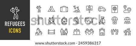 Refugee web icons in line style. War, conflict, passport, crisis, immigration, migrant, help, collection. Vector illustration. Royalty-Free Stock Photo #2459386317