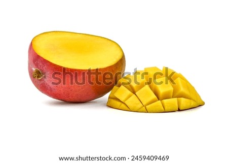 Mango with slice, tropical fruit, isolated on white background. High resolution image.