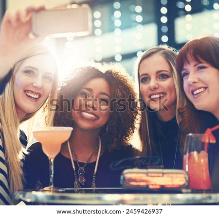 Wine, cocktail and women with club selfie, smile or happy hour with bonding photography. Friends, night and crowd with profile picture for mojito, party or birthday reunion at restaurant disco event