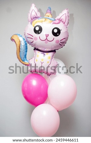 pink cat balloons and pink foil number 3 balloon, balloons for 3 years