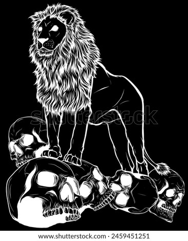 white silhouette of lion on mountain skull digital hand draw on black background