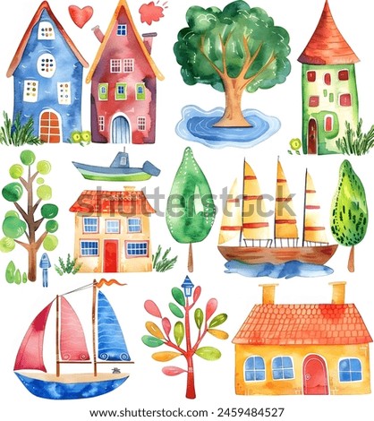 watercolor clipart of small colorful houses, trees and sailboats on white background,  clip art set (illustration set)