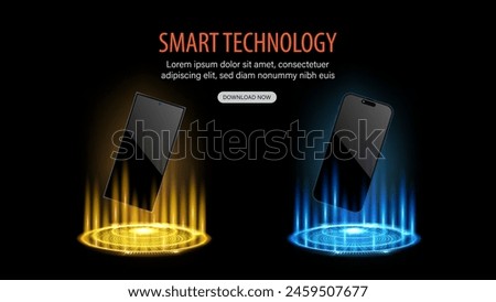 Smartphone and Smart Mobile Phone with Blue and Yellow Neon Lights: Front view on a Futuristic Neon Stage. Digital Screen Hologram Podium and Floating Mockup. Vector Illustration.