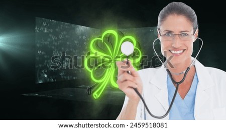Image of mathematical equations and clover over caucasian female doctor. Global medicine and digital interface concept digitally generated image.