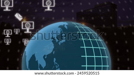 Image of network of screen icons with globes over globe. Global networks, business, finances, computing and data processing concept digitally generated image.