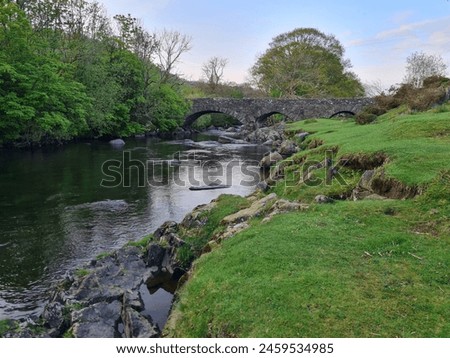 The picturesque bridge in Scotland spans gracefully over the tranquil river, creating a harmonious blend of nature and architecture.  Royalty-Free Stock Photo #2459534985