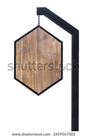 A brown wooden sign hangs on a black steel pole chain. wooden sign on white background.