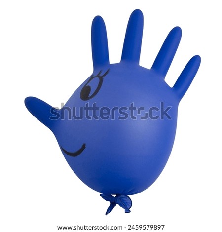A blue latex glove with a smiley face on it. The glove is blue and has a black nose and eyes