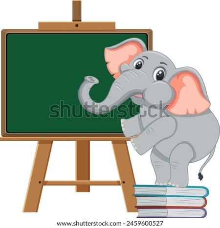 Cartoon elephant standing by a chalkboard on books.