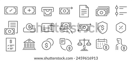 Financial app icon set. It includes finance, money, exchange, currency, and more icons. Editable Vector Stroke. Royalty-Free Stock Photo #2459616913