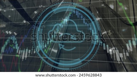 Image of cyber security text, cloud, arrows in loading circles, shield, graphs over escalators. Digital composite, multiple exposure, cloud computing, report, business, progress and technology. Royalty-Free Stock Photo #2459628843