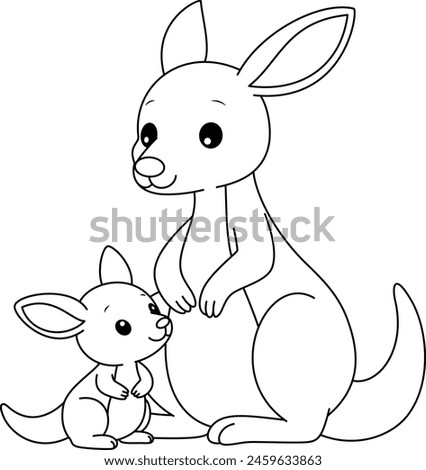 Cute kawaii kangaroo and baby cartoon character coloring page vector illustration. Wild animal, mothers day colouring page for kids