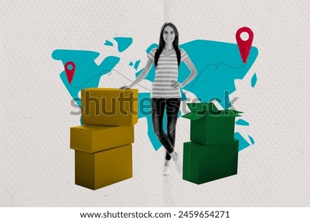 Composite collage picture image of female pile delivery carton box world shipping unusual fantasy billboard comics zine