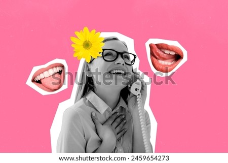 Composite collage picture image of phone call talk mouth tongue out stick puzzle flower nature unusual fantasy billboard comics zine