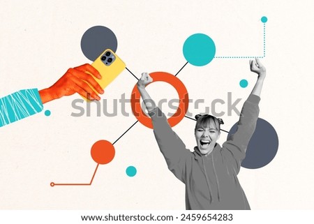 Composite collage picture image of excited female hold device graph analysis unusual fantasy billboard comics zine