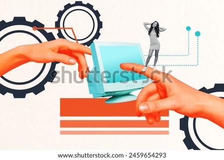 Composite collage picture image of hands connection female working process data analysis startup unusual fantasy billboard comics zine