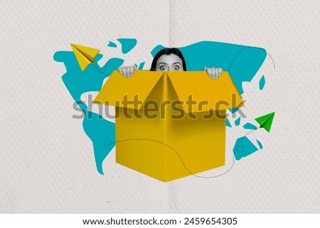 Composite collage picture image of funny female hide carton box world shipping unusual fantasy billboard comics zine