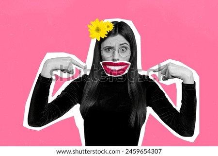 Composite collage picture image of amazed female point mouth puzzle flower nature unusual fantasy billboard comics zine