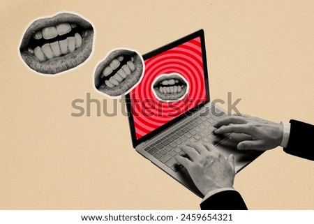 Composite collage picture image of hands typing mouth internet bullying laptop weird freak bizarre unusual fantasy billboard