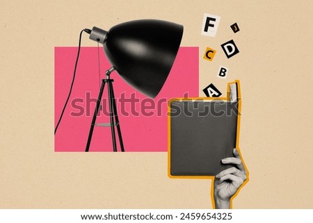 Composite collage picture image of hand hold read book lamp light library weird freak bizarre unusual fantasy billboard