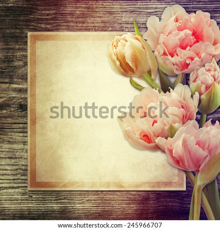 Greeting card. Spring flowers on wooden background.