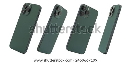 back view of green smartphone mockup isolated with clipping path on transparent background.
