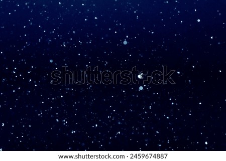 Natural blue and white snow particles in the air. Black background. Space for text. High quality photo