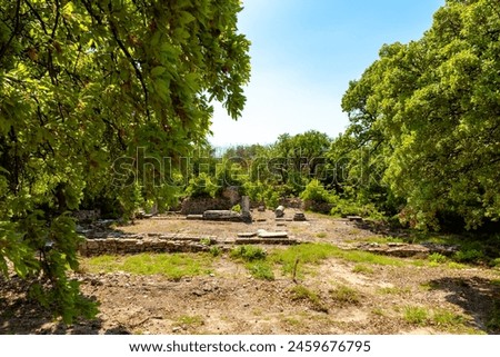Troy archaeological site view in the spring. Visit Turkey concept photo.