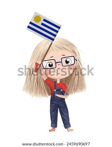 Funny cute girl with flag of Uruguay. Bright clip art isolated