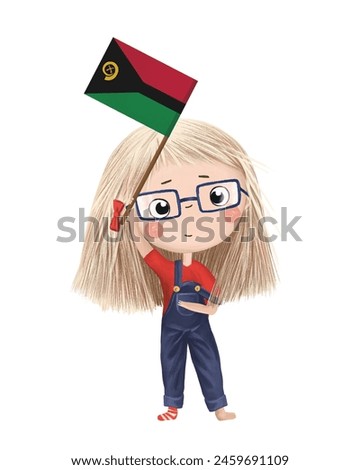 Funny cute girl with flag of Vanuatu. Bright clip art isolated