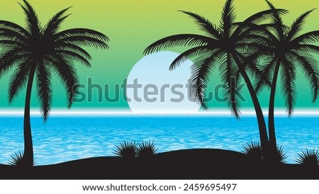 Tropical island landscape vector with palm trees and sun on blue shaded sky.