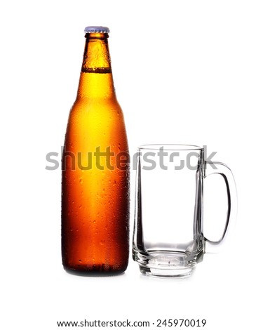 bottle of beer and empty Glass isolated on a white background