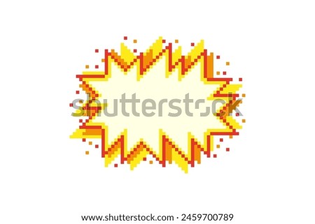 Pixel art comic boom, explosion clip art, comic yellow burst, design for label. Vector illustration on isolated background.