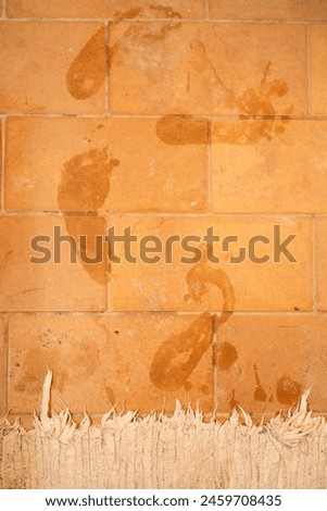 detail of beige bathroom carpet and wet footprints on the rustic tiles, explaining a person getting out of the shower.