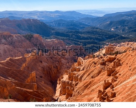 Cedar Breaks National Monument in Utah. A natural amphitheater filled with hoodoos, windows, canyons, spires, walls, and steep cliffs. A veiw from the canyon rim.  Royalty-Free Stock Photo #2459708755