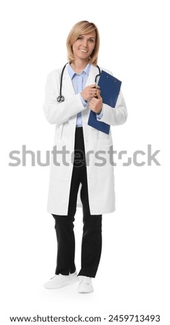 Smiling doctor with clipboard on white background