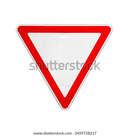 Give way triangle road sign isolated on white background, front view, close-up photo
