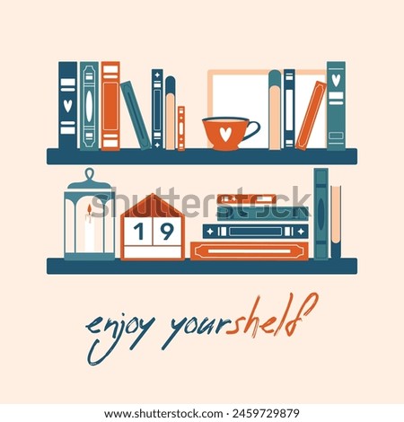 Happy Birthday to bookworm, book lover. Cute illustration with bookshelf, stack of books, plants. Enjoy yourshelf. Creative clip art for sticker, banner, card, poster. Flat design.	