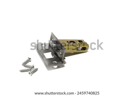 Mortise lock with screws, tubular latch, bolt, threading for doors and interior doors. Isolated on a white background. Royalty-Free Stock Photo #2459740825