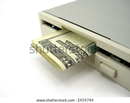 The system device the disk drive with money on a white background